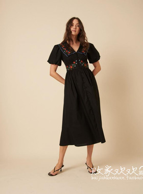 英国代购正品03.02 名品MS 女装新款 刺绣花边深色长款百搭连衣裙