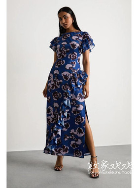英国代购正品12.12 名品Boohoo 女装新款 时尚印花开叉长款连衣裙