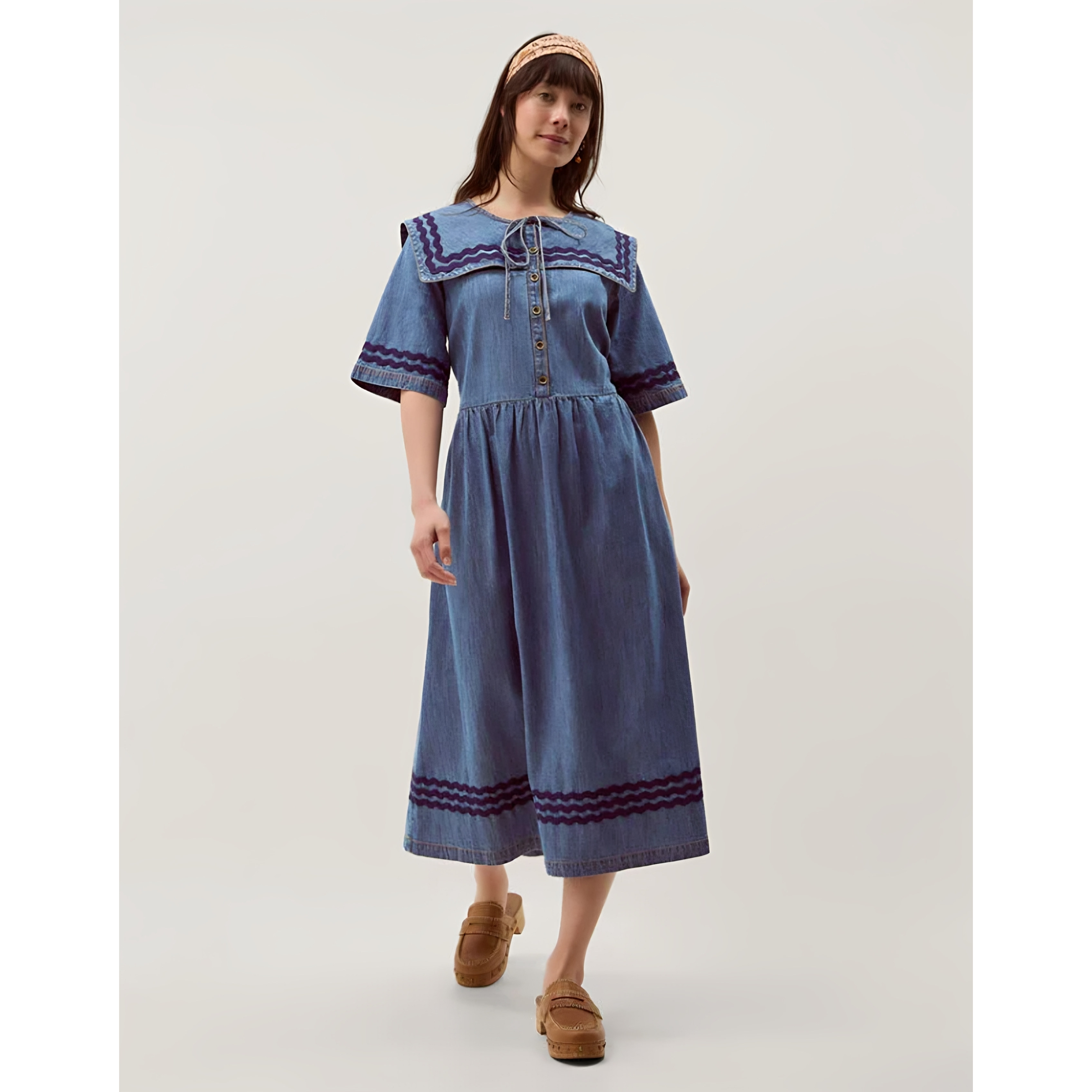 英国代购正品04.10 名品Monsoon 女装新 海军领牛仔长款连衣裙