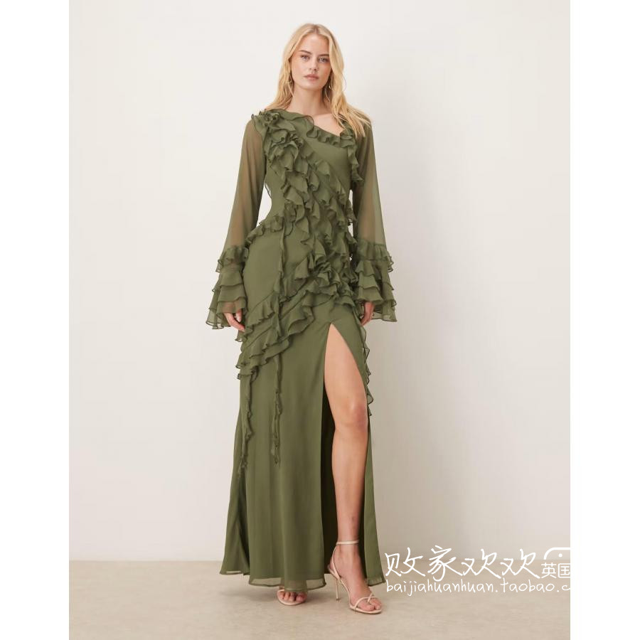 英国代购正品10.08 2025潮流导向 女装新款 荷叶边开叉长款连衣裙