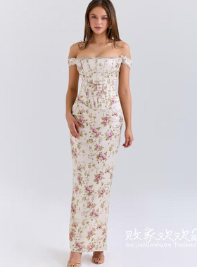 英国代购正品08.01 2025潮流导向 女装新款 一字肩碎花长款连衣裙