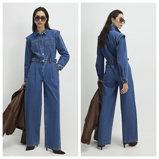 名品ER 03.21 女装 新款 英国代购 翻领系腰带牛仔直筒连衣裤 正品