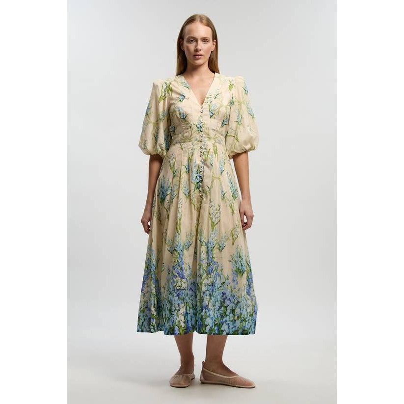 英国代购正品04.20 名品KM 女装新款 时尚印花蝴蝶结腰带连衣裙