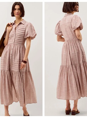 英国代购正品03.13 名品Monsoon 女装新款 翻领泡泡袖条纹连衣裙
