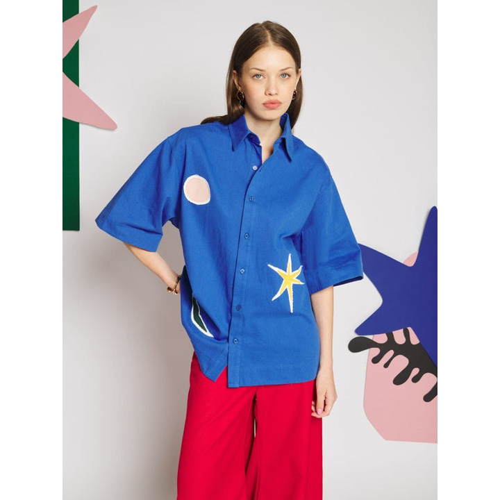 英国代购正品07.19 名品SJ 女装新款 休闲刺绣贴花短袖舒适衬衫