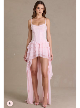 英国代购正品03.09 名品ohpolly 女装新款 荷叶边后长裙摆连衣裙