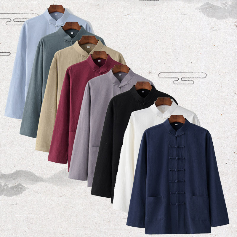 中国风唐装男中年中式复古盘扣春季棉麻长袖外套立领居士服民族风,男装,唐装,淘宝优惠券,粉丝福利购,淘宝优惠卷