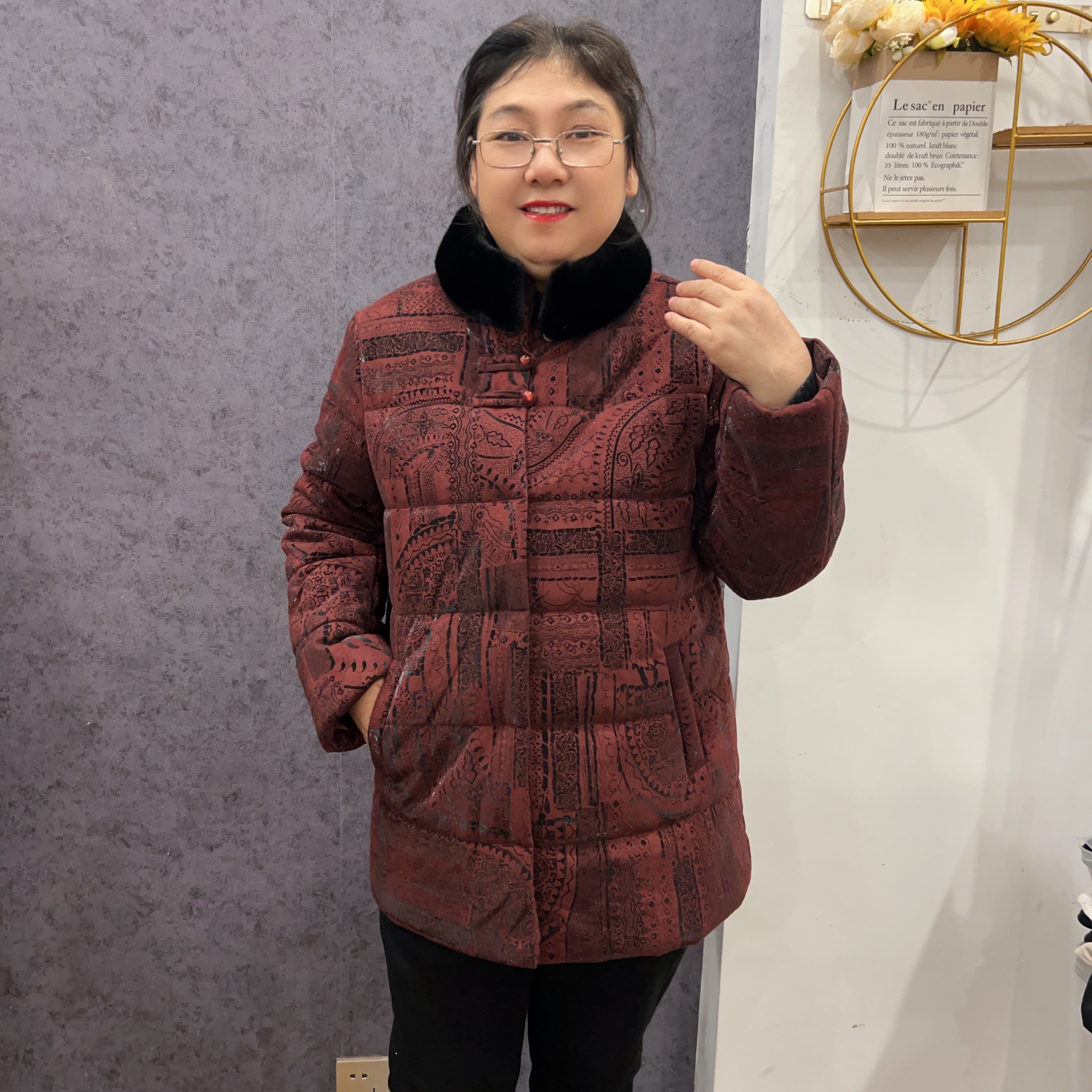保暖舒适气质奶奶装印花羽绒棉服立领中国风外套中老年加肥加大