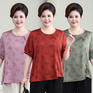 中老年气质套装 上衣女夏丝缎圆领印花妈妈装 暗花仿真丝短袖 新中式