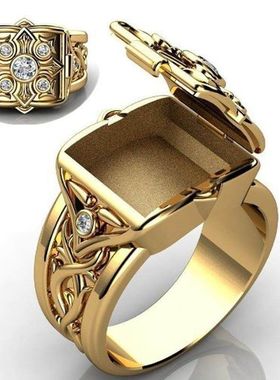 储物空间可放东西欧美时尚新款霸气雕花爆款微镶钻翻盖戒指指环