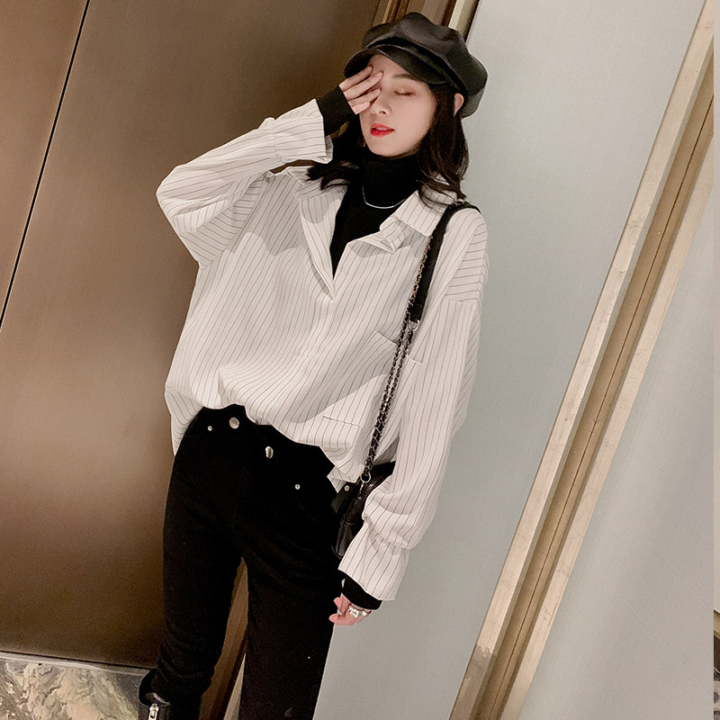 条纹衬衫女2019秋冬新款韩版宽松内搭假两件复古港味百搭长袖上衣|ruв категории Женская одежда, рубашка - от Buy2taobao.com для оказания профессиональной услуги покупки агента Taobao