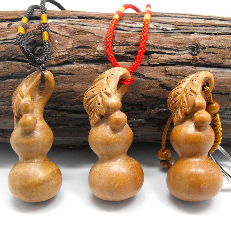 桃木带叶葫芦木质吊坠项链钥匙扣挂件实心小福禄随身木雕男女挂饰