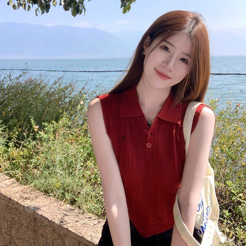 红色翻领针织背心女夏季外穿内搭吊带无袖小坎肩刺绣泰式上衣