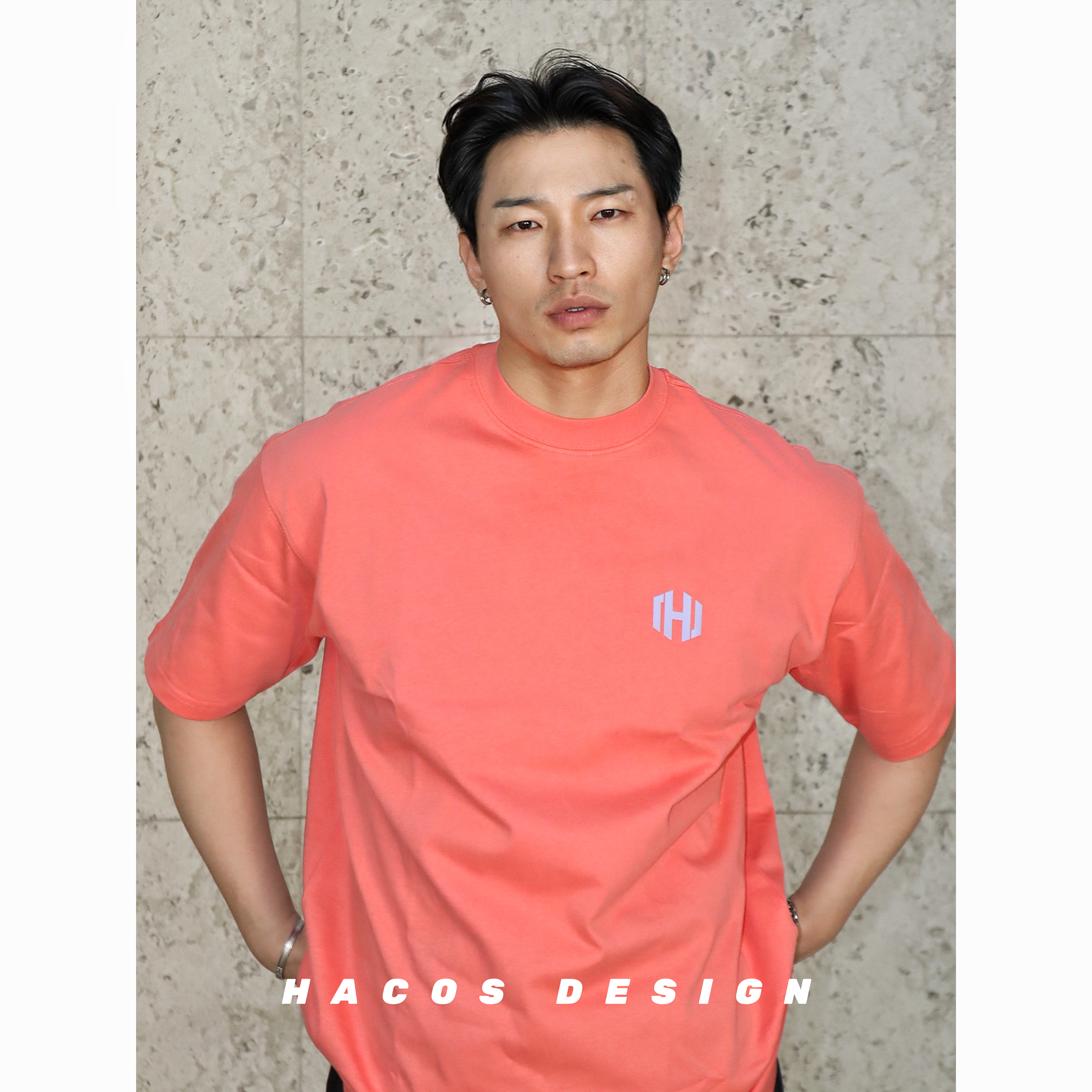 HACOS新款健身休闲宽松短袖软糯透气多巴胺配色夏季落肩tee T恤