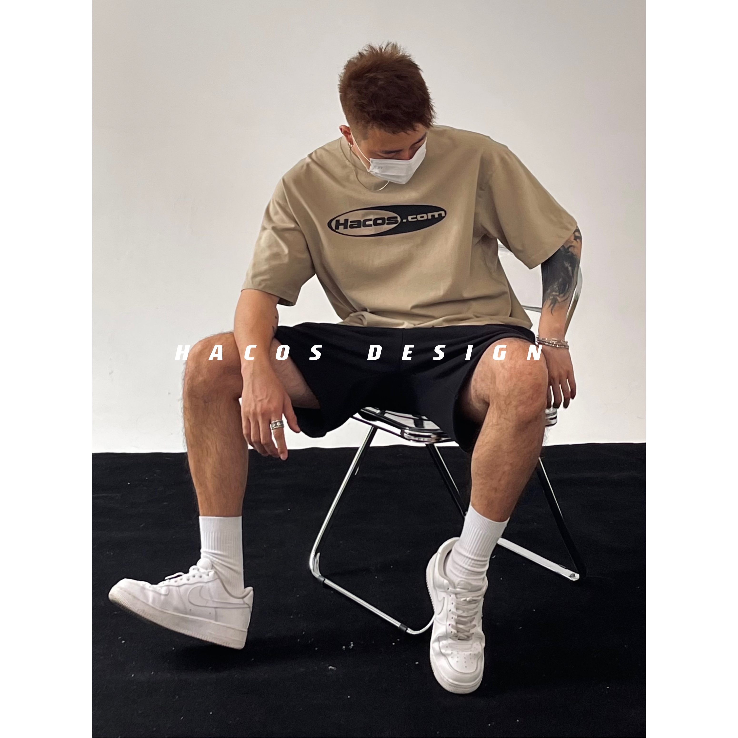 HACOS欧美沙色圆领厚板膜印花T恤基础款Kanye风fog风260g重磅T恤