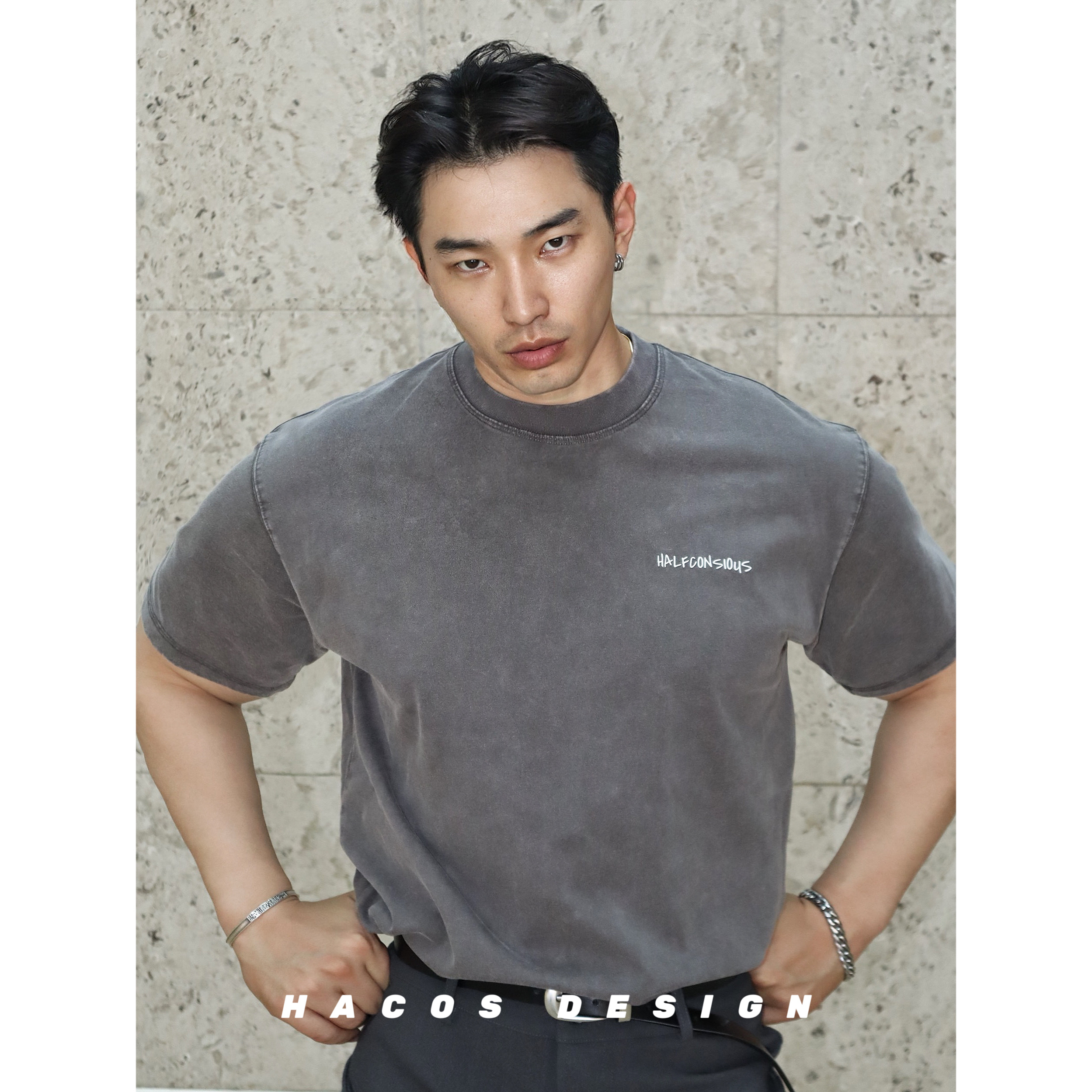 HACOS新款夏季短袖T恤水洗做旧美式透气百搭基础休闲运动正肩t