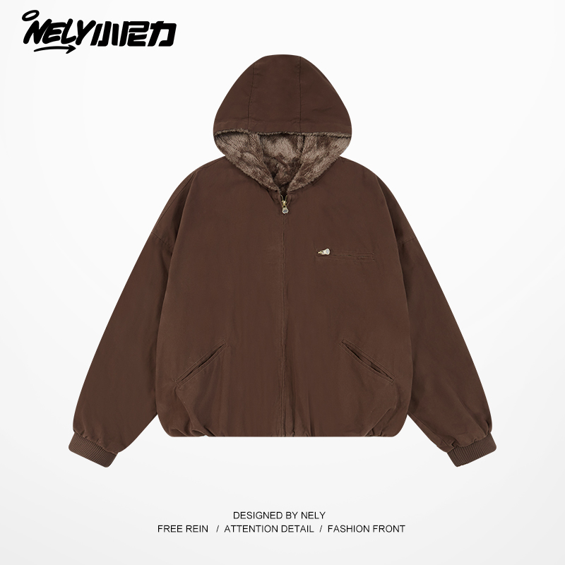 潮牌连帽毛绒夹克棉衣