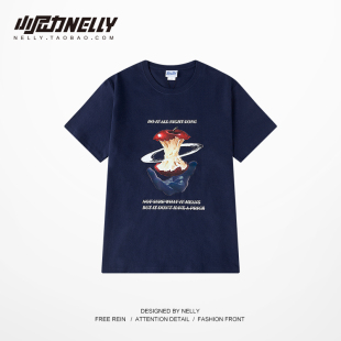 26SS T恤OVERSIZE 蓝色魔法苹果印花潮牌男女bf风嘻哈日系潮牌短袖