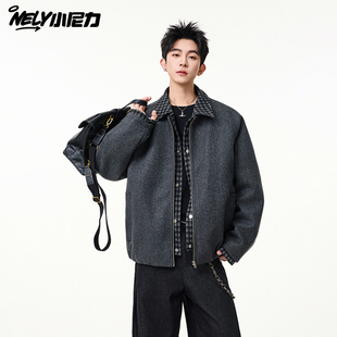 ins假两件翻领夹克棉服男款冬季老钱风复古休闲短款毛呢外套潮