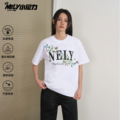 NELY小尼力美式街头花卉刺绣upf50+防晒短袖t恤男女夏季凉感tee潮