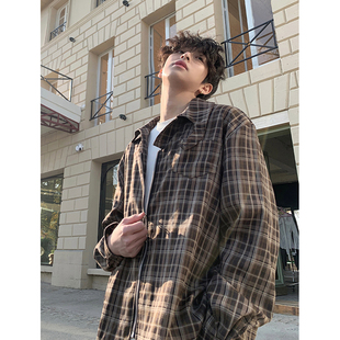 格子衬衫男长袖秋季男生2025新款加绒复古男士休闲衬衣外套男款