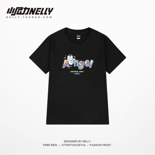 ins纯棉短袖 薄款 黑色休闲圆领T半袖 小熊图案 t恤男女bf风宽松夏季