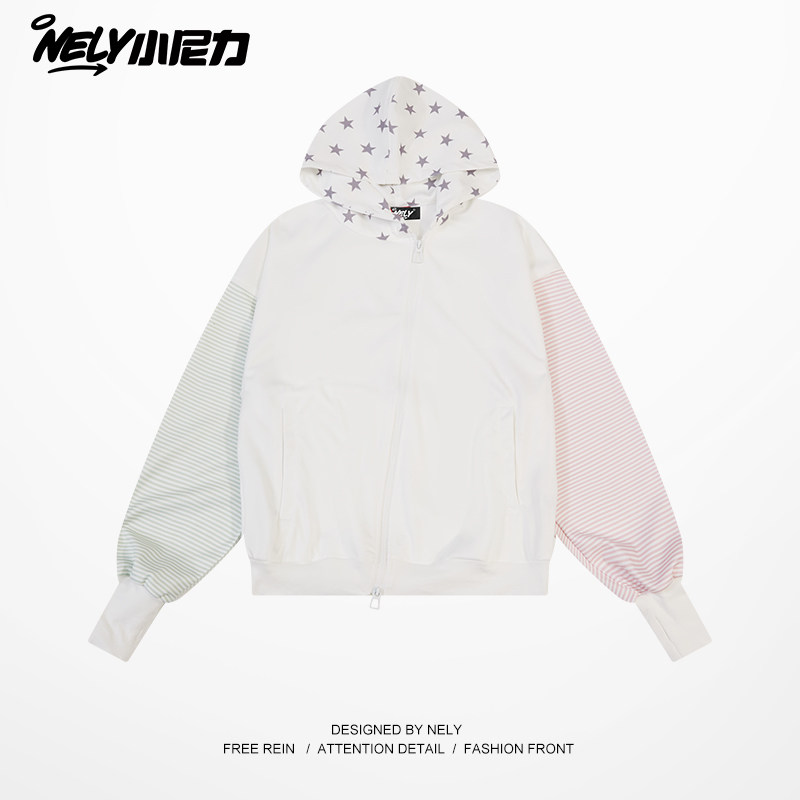 韩国连帽卫衣女款2026春秋新款时尚字母慵懒风条纹撞色长袖上衣,男装,卫衣,淘宝优惠券,粉丝福利购,淘宝优惠卷