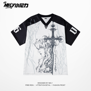 卡通美式blokecore球衣短袖男女重磅夏季网眼运动风条纹V领上衣