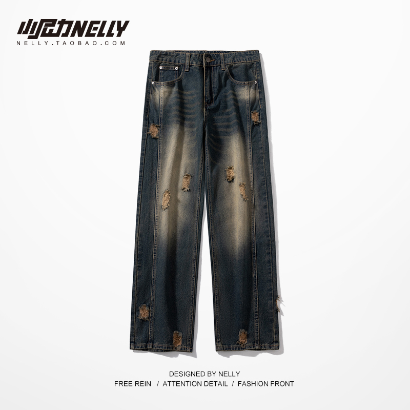 潮流阔腿破洞长裤牛仔裤HEYBIG