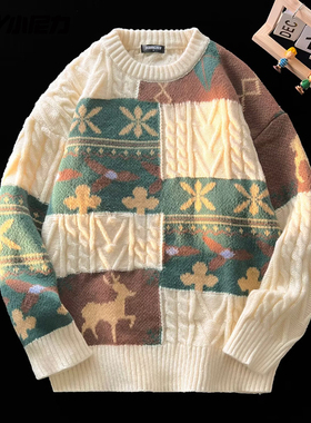 NELY小尼力拼接撞色格子毛衣男女冬季潮牌复古秋冬款麻花纹针织衫