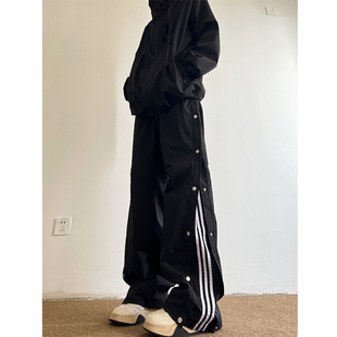 排扣裤男春秋ins潮牌篮球半开扣运动卫裤侧边条纹休闲阔腿校服裤
