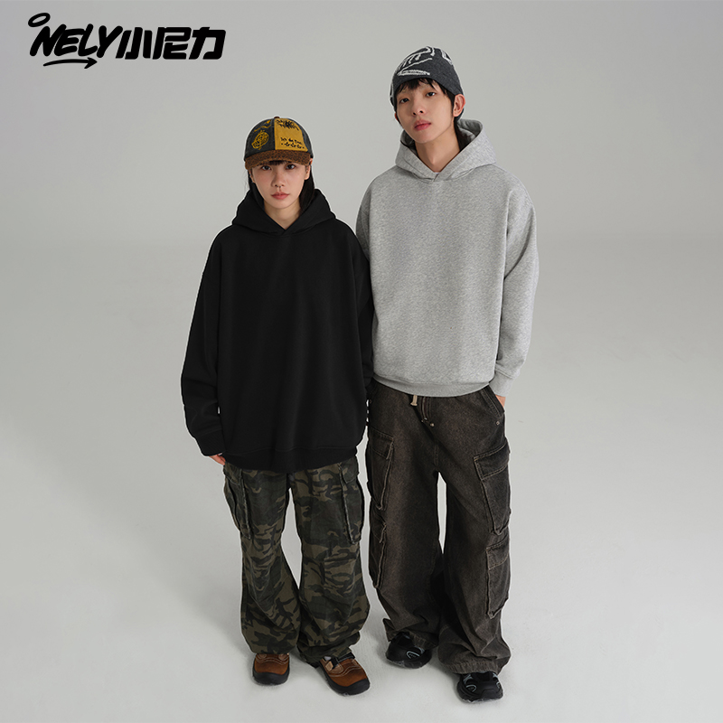 重磅纯色潮牌加绒连帽卫衣