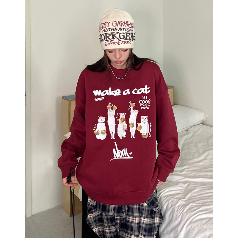 美式复古趣味猫咪圆领卫衣