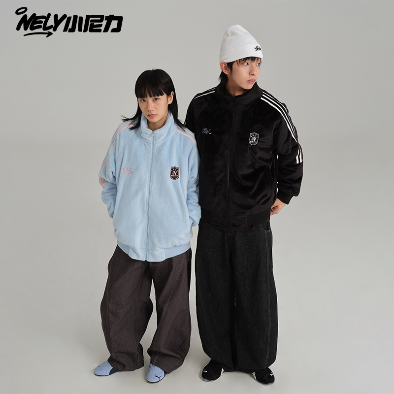 NELY小尼力毛绒棉服外套男女冬季拼接条纹学生宽松夹棉立领夹克潮