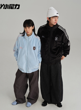 NELY小尼力毛绒棉服外套男女冬季拼接条纹学生宽松夹棉立领夹克潮