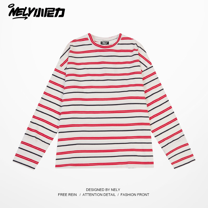 小尼力ins条纹长袖t恤男款春秋男女青少年衣服男生内搭圆领打底衫,男装,T恤,淘宝优惠券,粉丝福利购,淘宝优惠卷