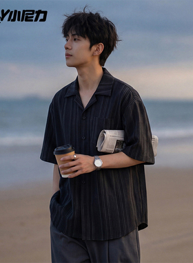 小尼力夏季潮牌竖条纹短袖衬衫男美式宽松情侣休闲百搭衬衣外套