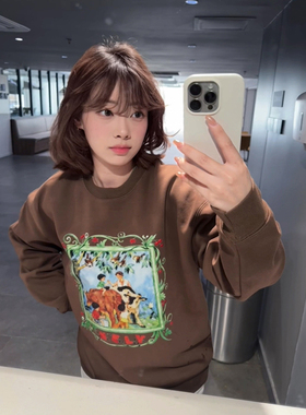 oms美式潮牌卡通趣味插画圆领卫衣秋冬新款宽松休闲情侣长袖上衣