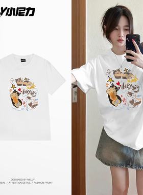 NELY小尼力美式潮卡通猫咪印花短袖T恤男女2026夏季纯棉学生体恤