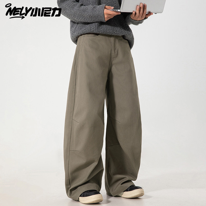 日系复古垂感工装裤男高街美式潮牌宽松直筒休闲男生纯色阔腿长裤,男装,休闲裤,淘宝优惠券,粉丝福利购,淘宝优惠卷