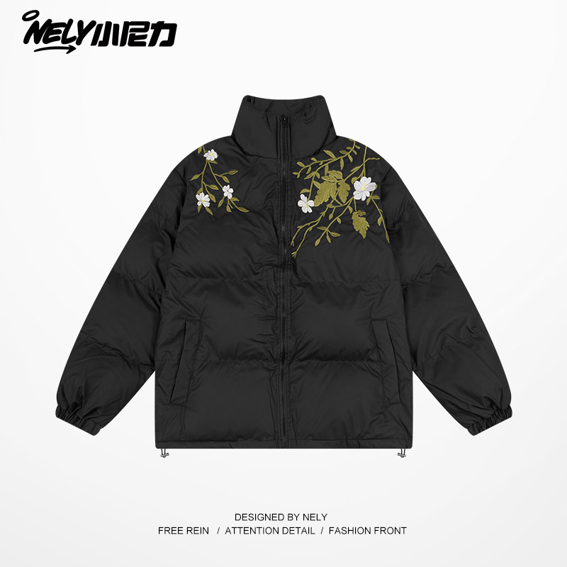 国潮花卉字母刺绣棉服男女冬季加厚保暖棉衣外套潮学生面包服外套