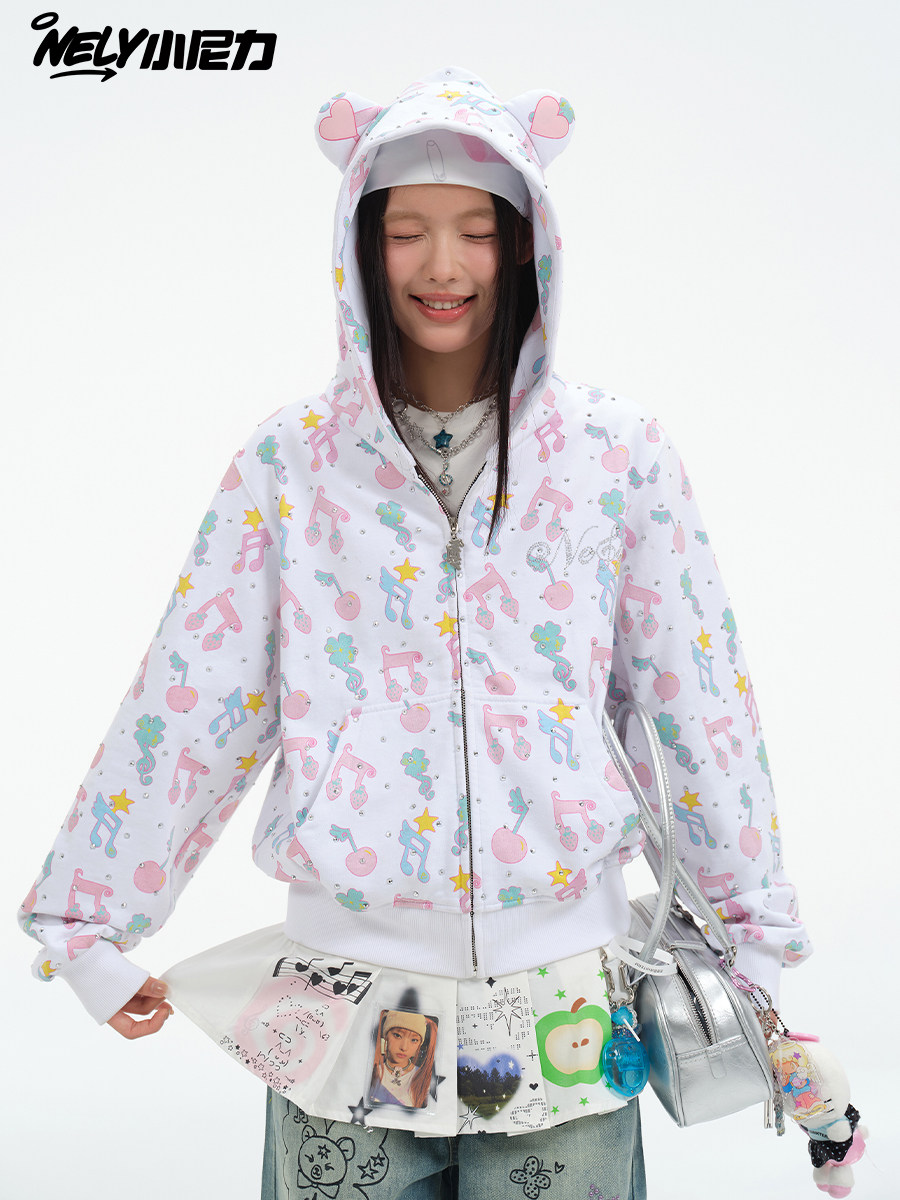 American Street Style Y2K Musical Note Rhinestone Youthful Hooded Sweatshirt Energetic Sweet Cool Cardigan Jacket