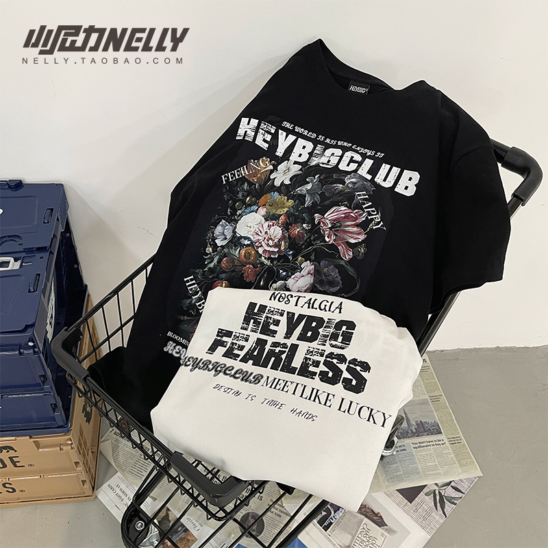 国潮美式宽松大码印花短袖T恤男生夏季潮牌潮流衣服高街oversize