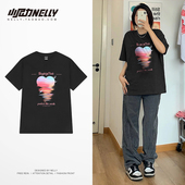 国潮街头嘻哈荆棘印花爱心短袖 上衣 男女T恤休闲简约宽松纯棉半袖