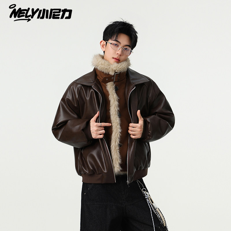 毛绒黑色短款PU皮衣外套男士高级感痞帅底特律夹克春秋翻领机车服
