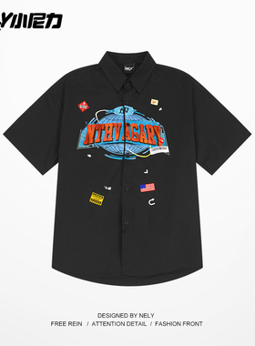 小尼力美式休闲短袖衬衫男夏季潮牌宽松半袖衣服高级感男开衬衫