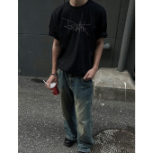 创意字母印花百搭打底圆领上衣运动风t恤 t恤男潮夏季 美式 宽松短袖