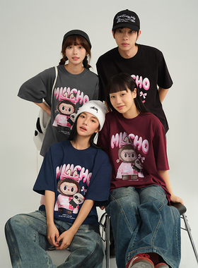 NELY小尼力卡通玩偶字母印花短袖T恤男女夏季慵懒风半袖情侣上衣