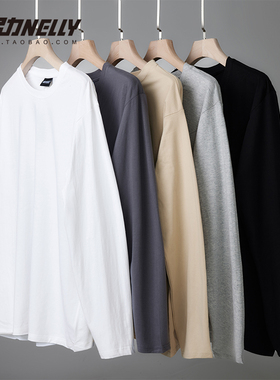 ins重磅精梳棉白色长袖T恤男女潮牌春秋季圆领内搭纯色打底衫tee