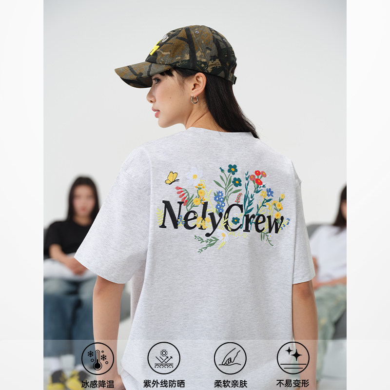 NELY小尼力美式刺绣花卉短袖t恤男女夏宽松潮牌bf凉感上衣